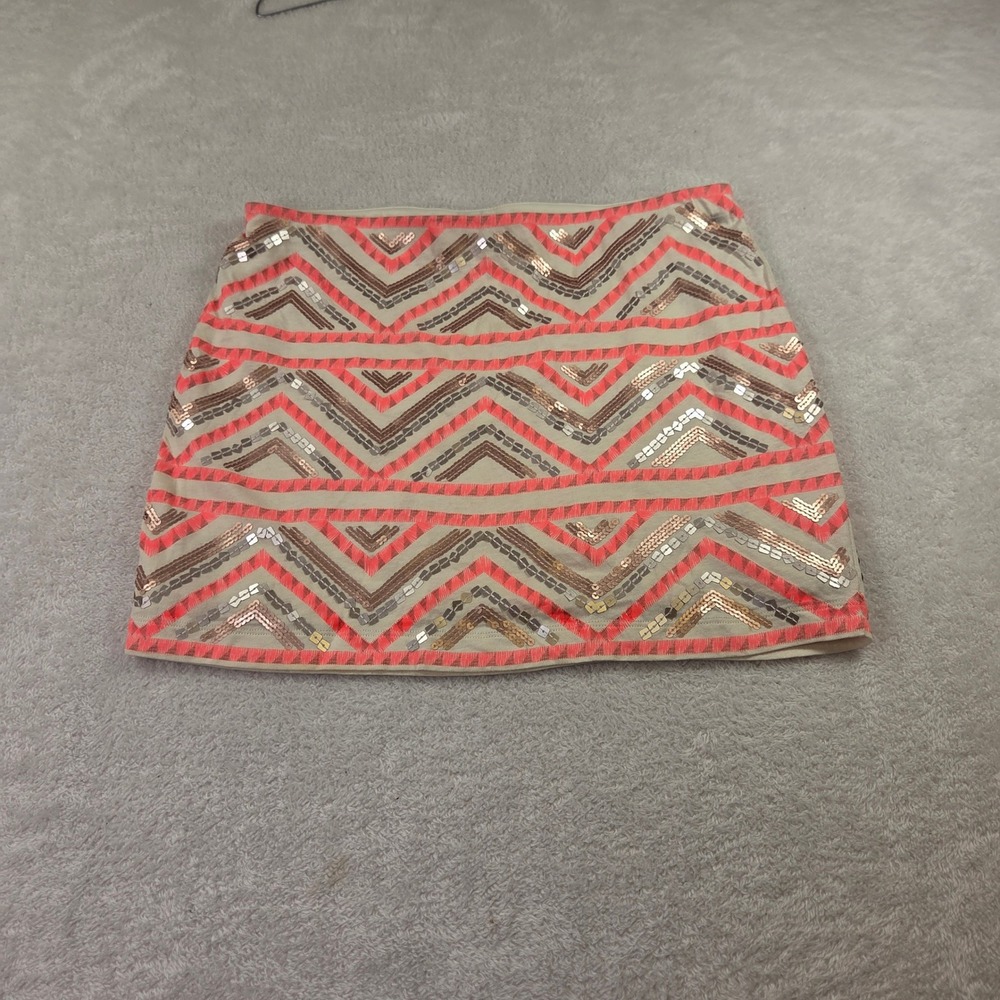 Express Womens Medium Neon Coral Rose Gold Sequin Chevron Aztec Mini Skirt
